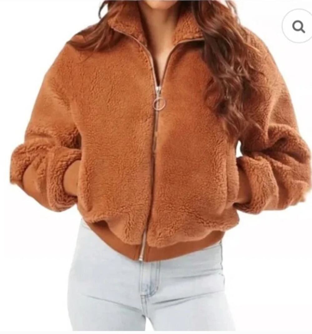 WeWoreWhat Teddy Fleece Zip Bomber Jacket Tan Size Large Cozy Fall Layer